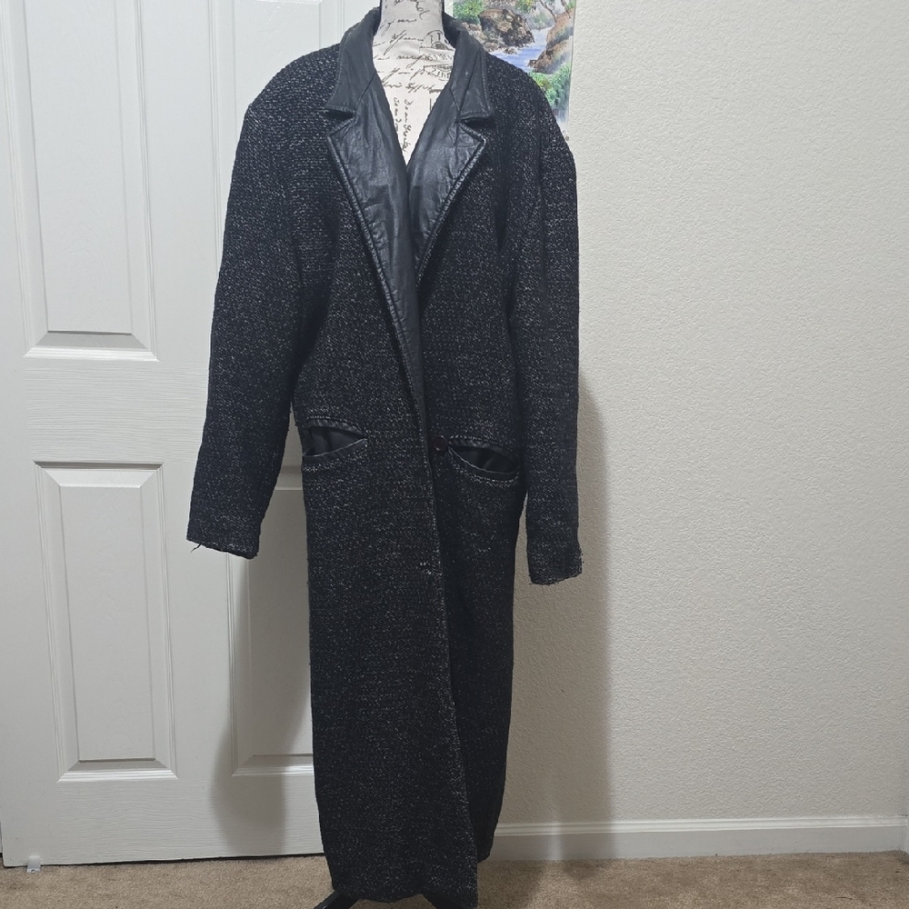 Vintage Dual Control Black Tweed Leather Long Coat, Good Condition, Large